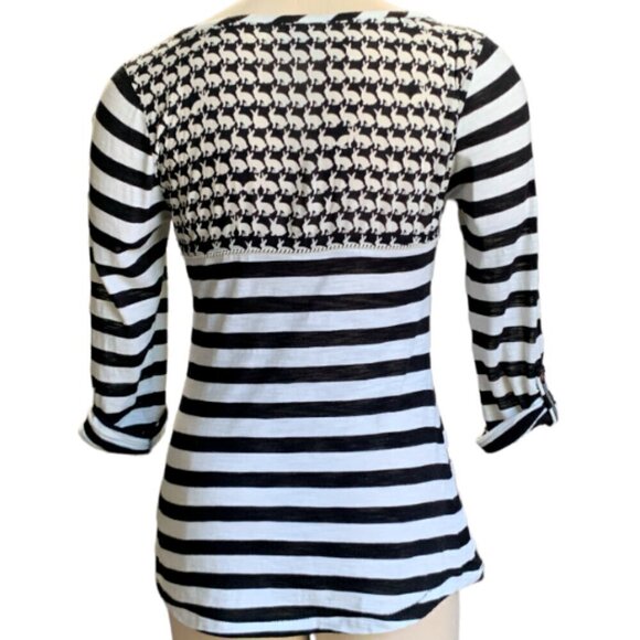 Anthropologie Postage Stamp S Henley Top Black White Stripe Roll Tab Sleeve 52K - Picture 5 of 11